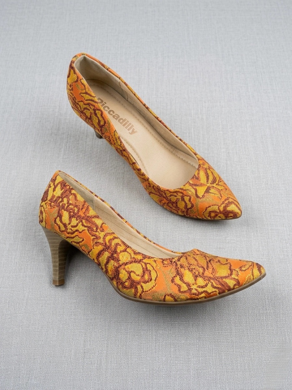 Piccadilly Pointed Floral Jacquard Kitten Heels in Orange